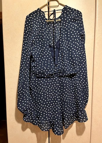 Lacivert Puantiyeli Uzun Kollu Kadın mini Tulum Elbise - Görsel 3