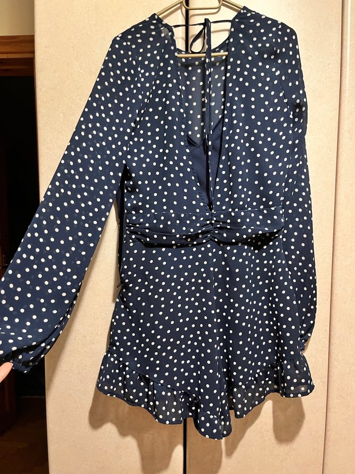 Lacivert Puantiyeli Uzun Kollu Kadın mini Tulum Elbise - Görsel 4
