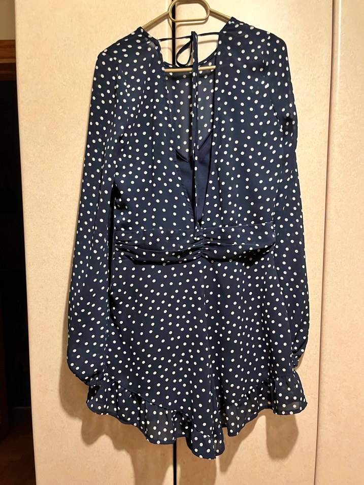 Lacivert Puantiyeli Uzun Kollu Kadın mini Tulum Elbise - Görsel 3