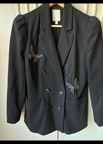 Nakışlı Kelebek Detaylı Siyah yün Kadın Blazer
