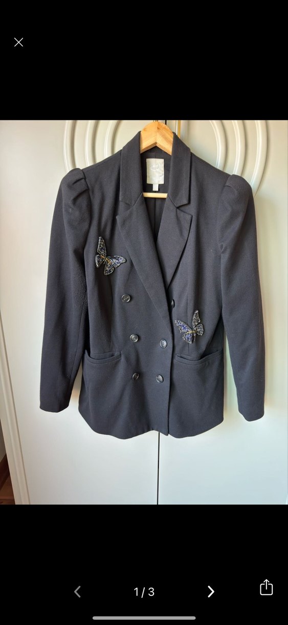 Nakışlı Kelebek Detaylı Siyah yün Kadın Blazer - Görsel 3