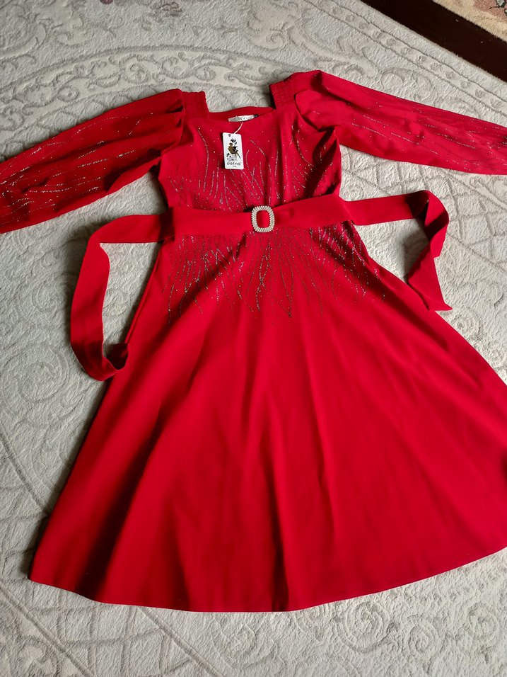 Kırmızı Uzun Drapeli Abiye Elbise kumaş kadife yumuşak - Görsel 5