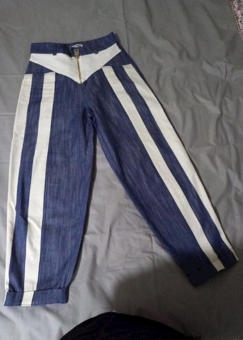 Kadın Mavi Çizgili Piliseli Denim Pantolon nocturne