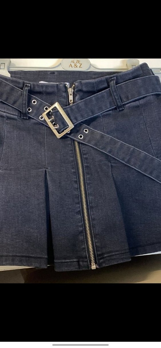 Kemerli Siyah Mini Denim Etek - Görsel 2