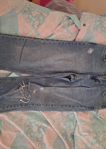 Kadın Mavi Bol Kesim Denim Jean yırtık - Görsel 2