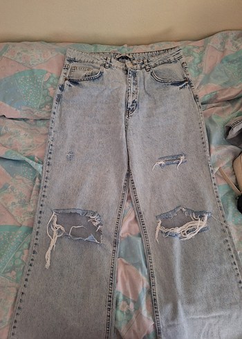 buz mavisi  Yırtık Detaylı Salaş Kadın Kot Pantolon - Görsel 2