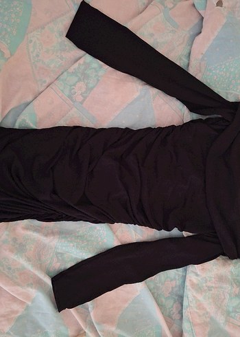 Siyah Uzun Kollu esnek kumaş pileli mini elbise madonna yaka - Görsel 2