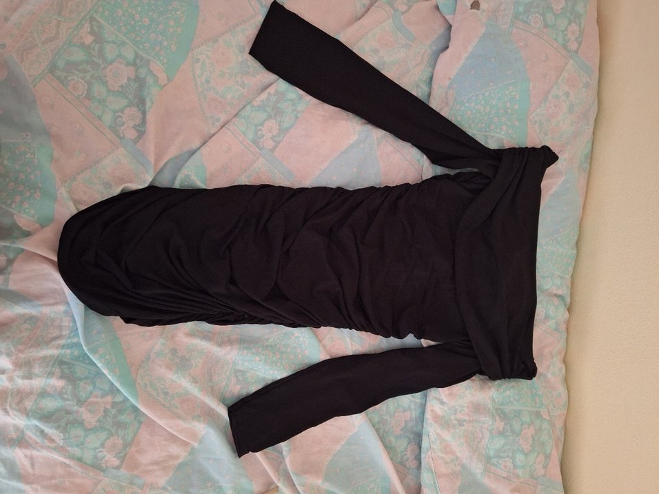 Siyah Uzun Kollu esnek kumaş pileli mini elbise madonna yaka - Görsel 2