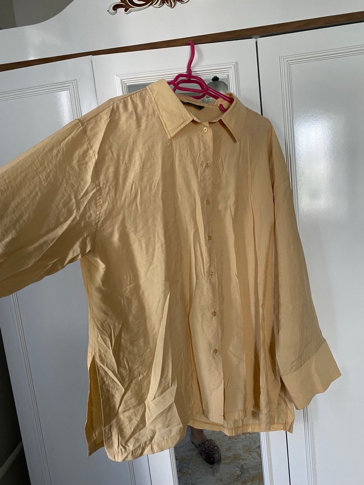 Bej Midi Keten Gömlek, Düğmeli, Salaş Kesim - Görsel 2