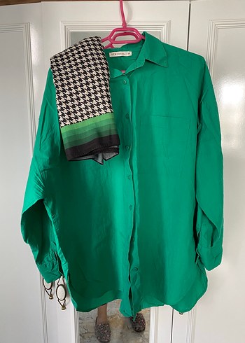 Uzun Kollu, Salaş, Midi Boy Yeşil Kadın Gömlek - Görsel 2