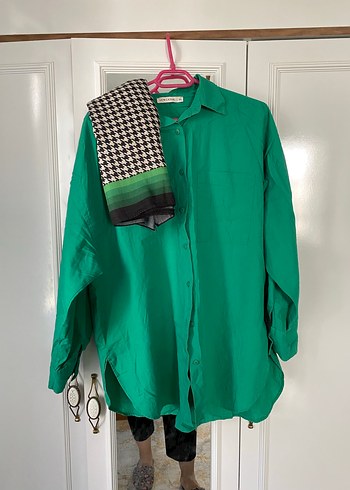 Uzun Kollu, Salaş, Midi Boy Yeşil Kadın Gömlek - Görsel 3