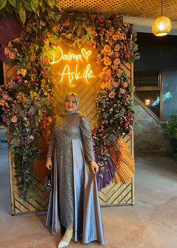 Uzun, Drapeli tesettür Gri Kadın Abiye - Görsel 3