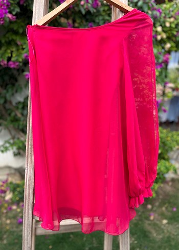 Pembe Tek Omuz Şifon Elbise - Görsel 4