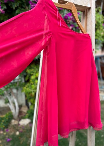 Pembe Tek Omuz Şifon Elbise - Görsel 5