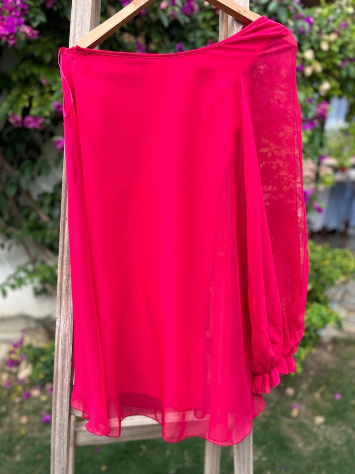 Pembe Tek Omuz Şifon Elbise - Görsel 4