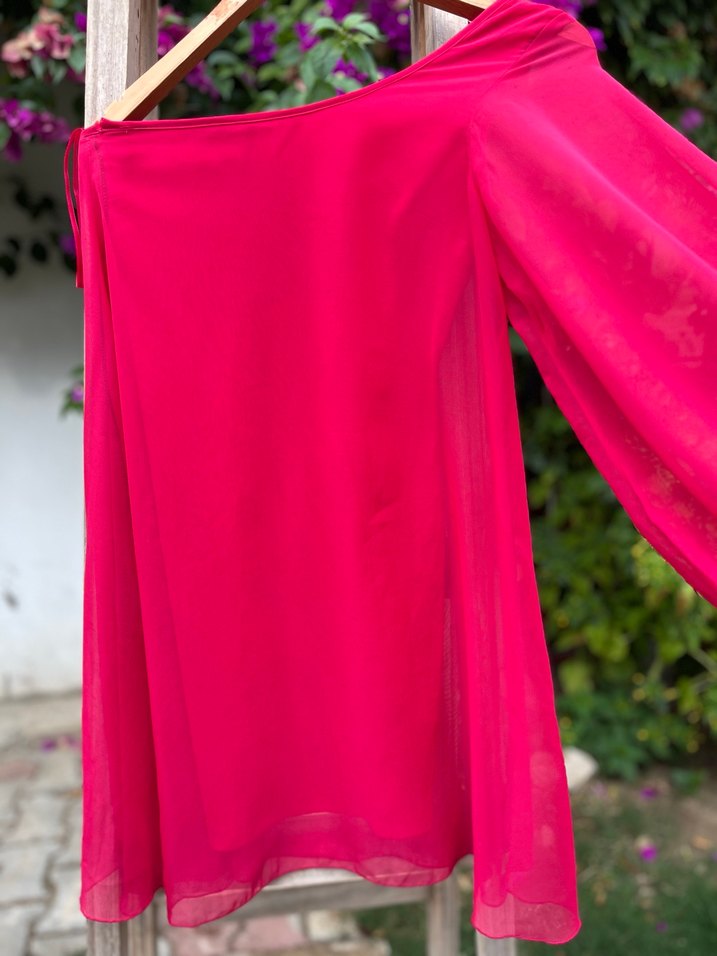 Pembe Tek Omuz Şifon Elbise - Görsel 2