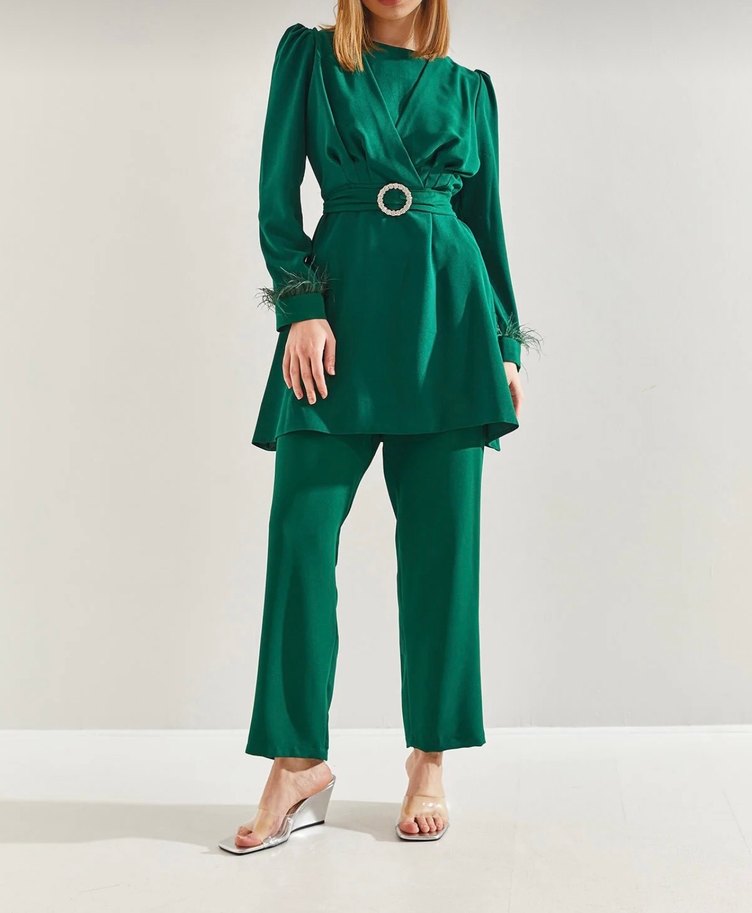 Kadın Camel Dar Kesim Kemerli Pantolon - Görsel 2