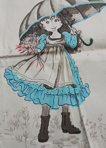 Mavi Pastel Tonlarda Şemsiye Tutan Bebek Desenli Kumaş - Görsel 2