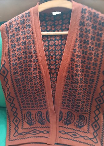 Bohem Nakışlı Kahverengi Triko Kadın Yelek - Görsel 2