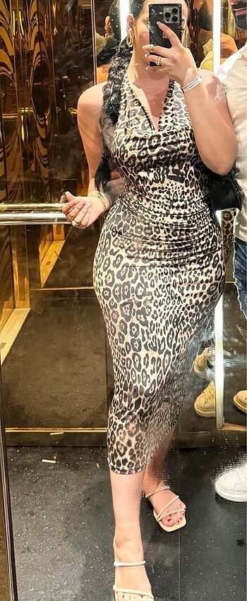 m Beden Leopar elbise