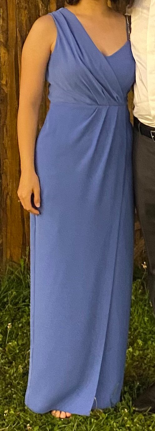 Mavi V Yaka Drapeli Uzun Abiye Elbise - Görsel 4