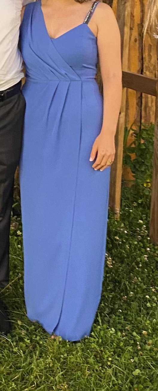 Mavi V Yaka Drapeli Uzun Abiye Elbise - Görsel 2