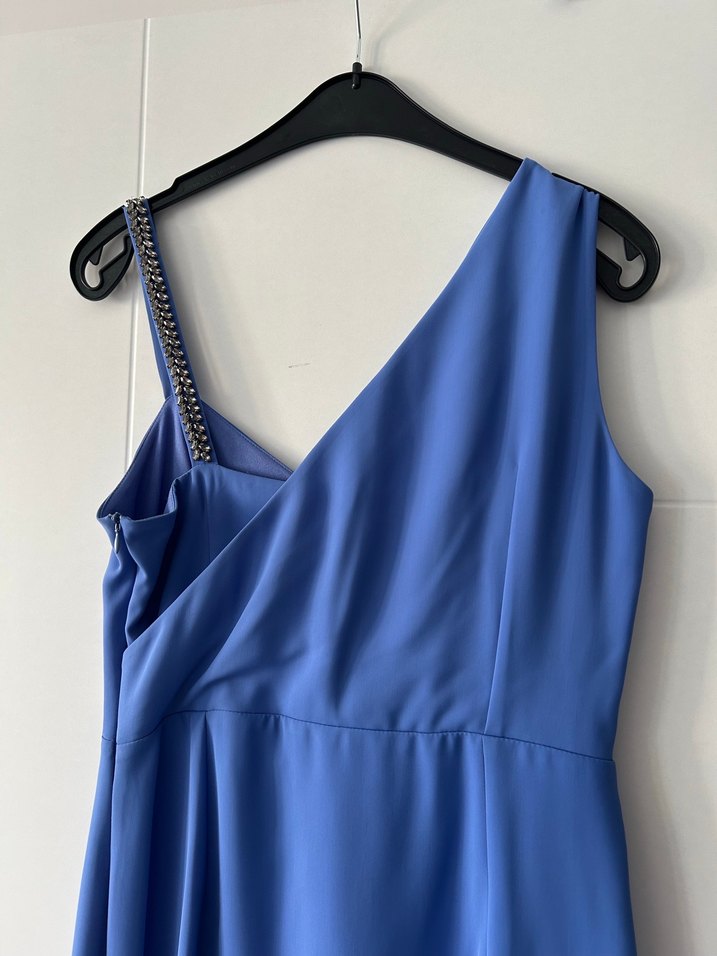 Mavi V Yaka Drapeli Uzun Abiye Elbise - Görsel 3