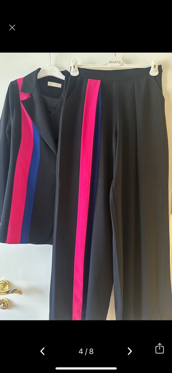 Çizgili Kuşaklı Kadın Blazer Ceket pantolon takım - Görsel 2