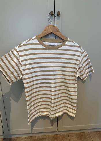 Zara Bej Çizgili Kısa Kollu Pamuklu Tişört erkek çocuk