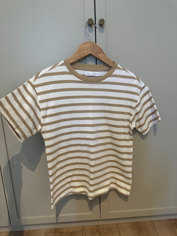 Bej Çizgili Kısa Kollu Pamuklu Tişört erkek çocuk - Görsel 4