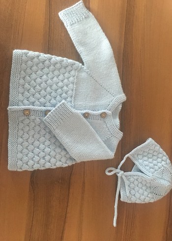 Mavi Örgü Erkek Çocuk Hırka ve Şapka Takımı - Görsel 2