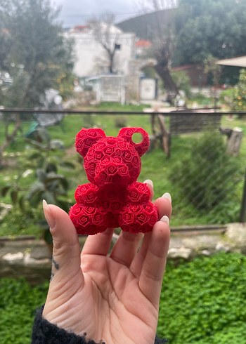 Kırmızı Gül Desenli Ayıcık Anahtarlık - Görsel 2