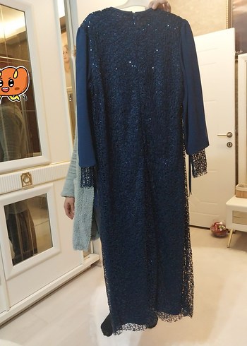 Uzun Lacivert Drapeli Kadın Abiye Elbise - Görsel 2