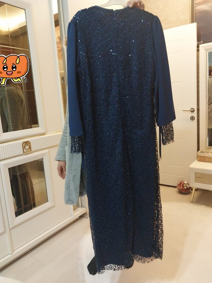 Uzun Lacivert Drapeli Kadın Abiye Elbise - Görsel 2