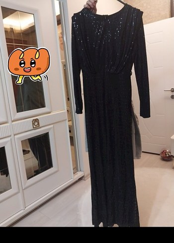 Uzun Kollu Siyah Pilili Uzun Abiye Elbise - Görsel 2