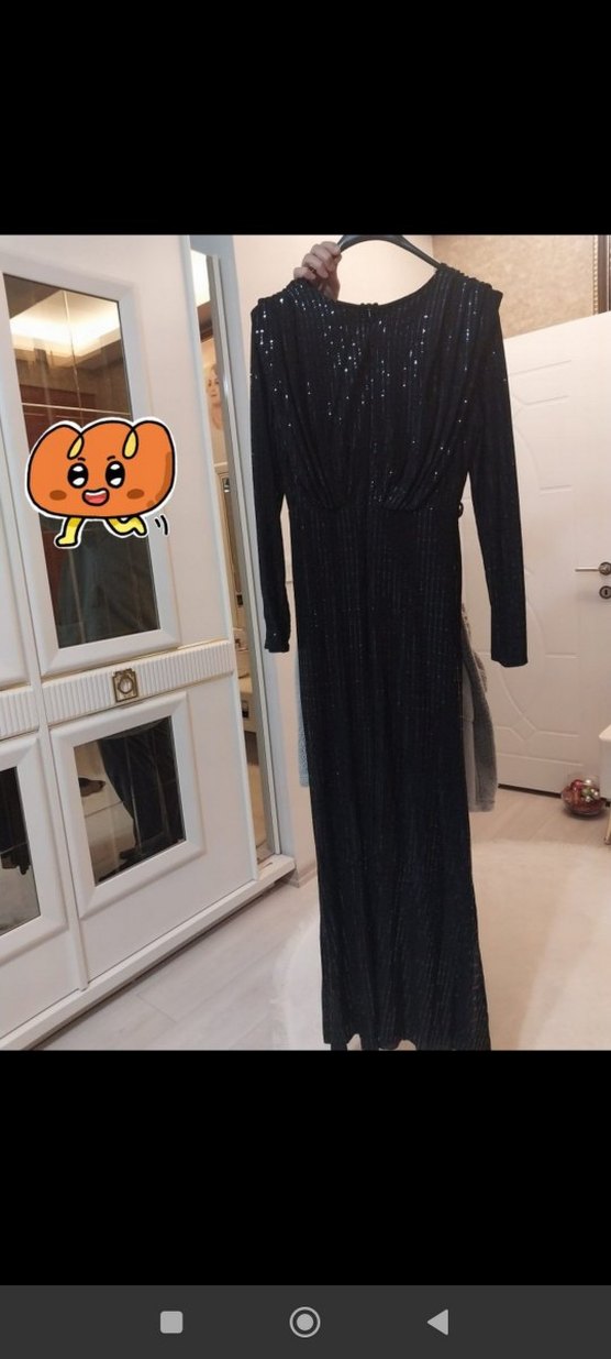 Uzun Kollu Siyah Pilili Uzun Abiye Elbise - Görsel 2