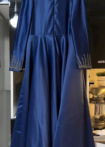 Lacivert Nakışlı Uzun Kollu Abiye Elbise - Görsel 2