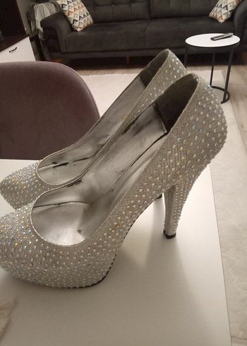 Beyaz Payetli Platform Topuklu Abiye Ayakkabı - Görsel 4