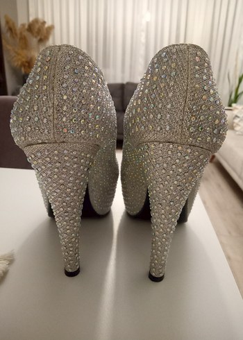 Beyaz Payetli Platform Topuklu Abiye Ayakkabı - Görsel 3