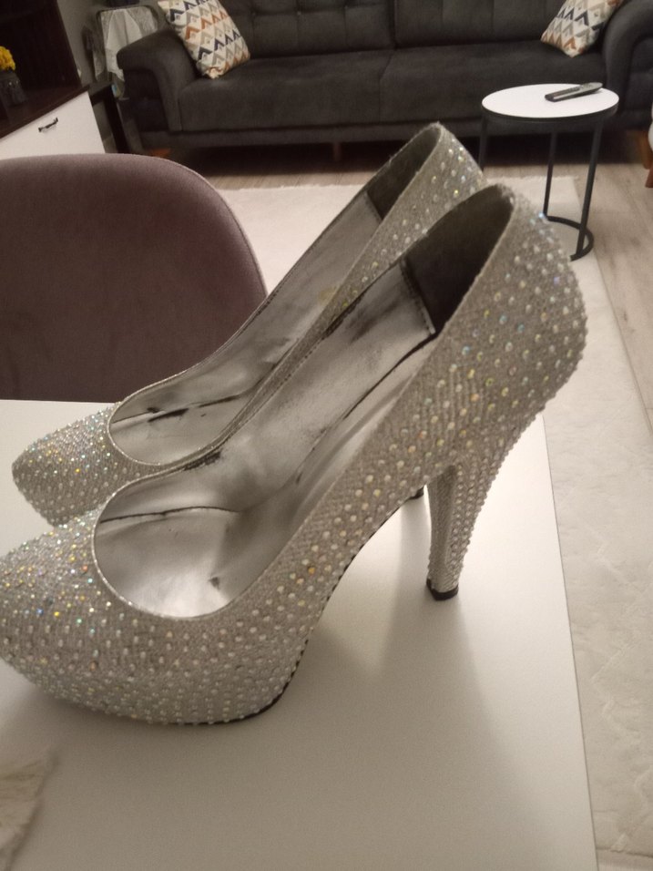 Beyaz Payetli Platform Topuklu Abiye Ayakkabı - Görsel 4
