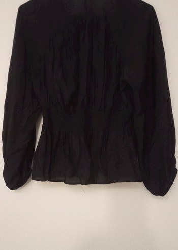 Siyah V Yaka Uzun Kollu Keten Bluz - Görsel 2