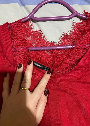 Dantel Detaylı Kırmızı V Yaka Kadın Gömlek - Görsel 3