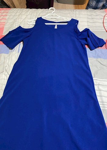 Mavi Midi Kayık Yaka Kadın Elbise - Görsel 5