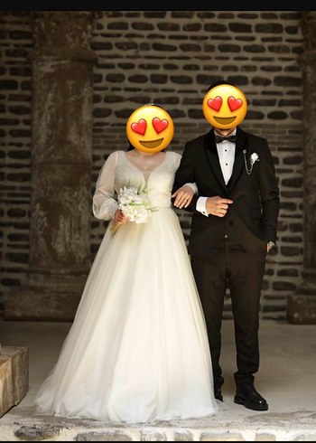 42 Beden beyaz Renk Helen V Yaka Uzun Kollu A Kesim Gelinlik