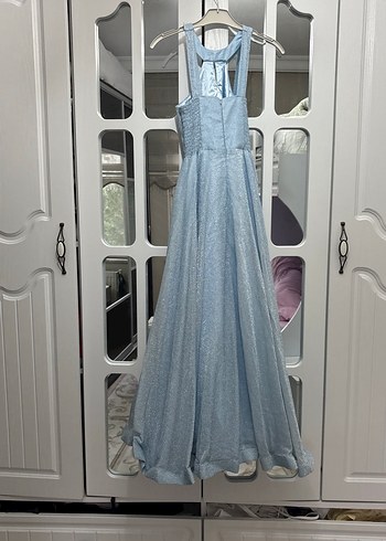 Uzun Mavi V Yaka Drapeli Abiye Elbise - Görsel 3