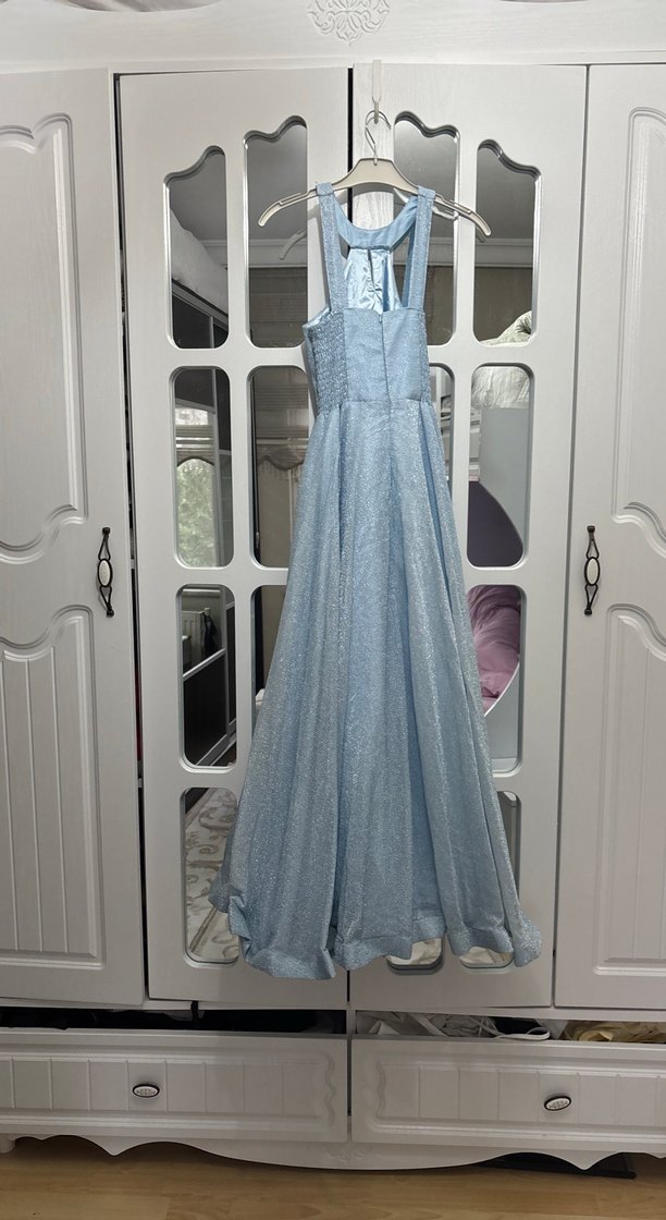 Uzun Mavi V Yaka Drapeli Abiye Elbise - Görsel 3