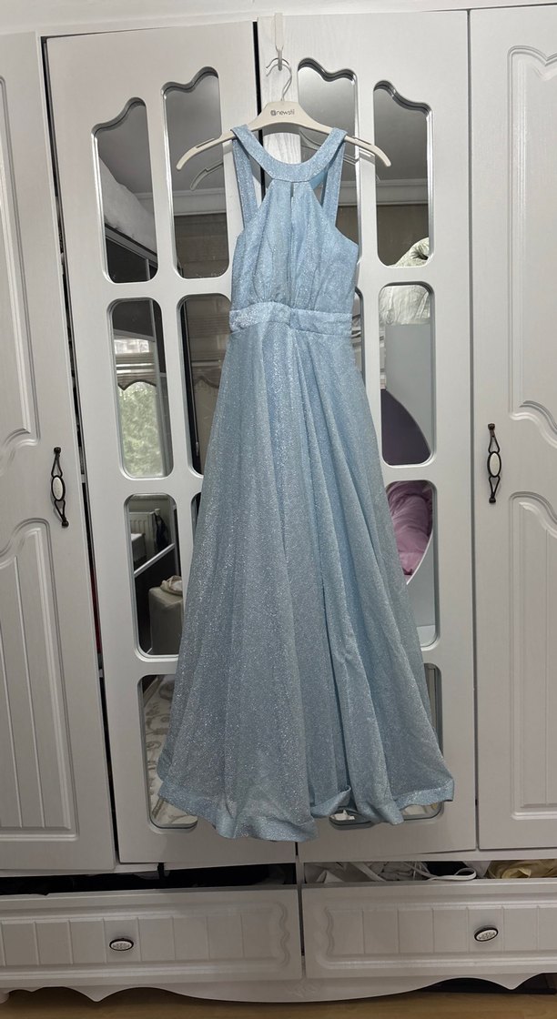 Uzun Mavi V Yaka Drapeli Abiye Elbise - Görsel 2