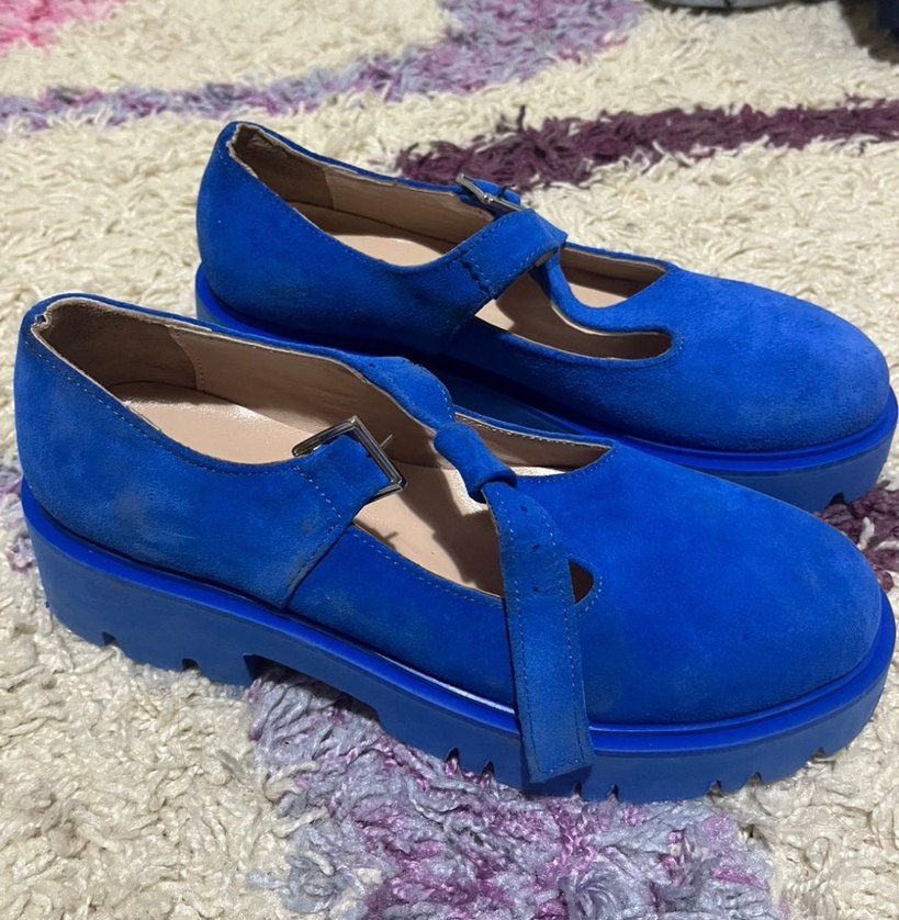 Mavi Süet Platform Topuklu Tokalı Kadın Ayakkabı - Görsel 2