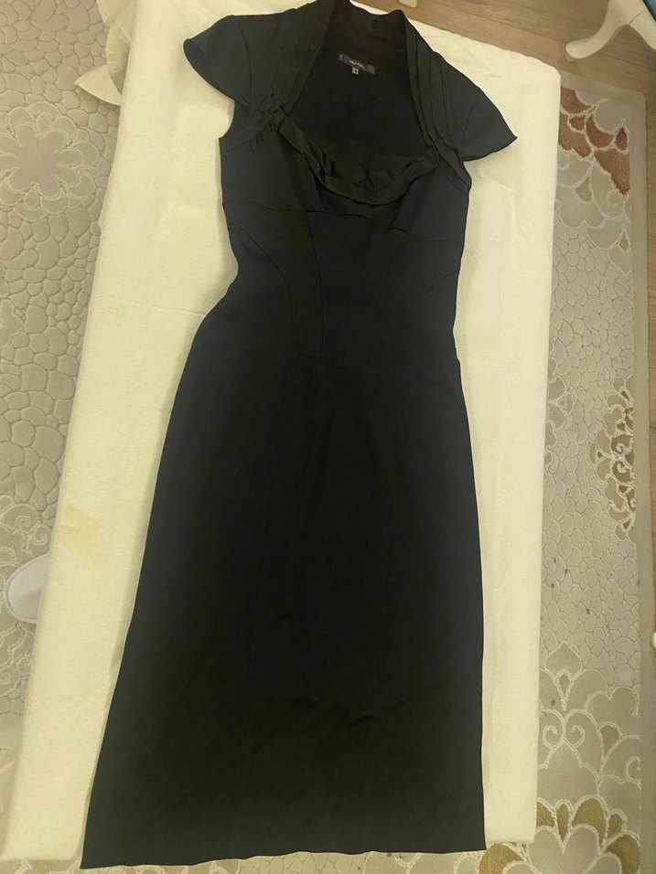 V yaka, drapeli uzun siyah gece elbisesi - Görsel 2