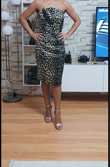 Leopar saten elbise